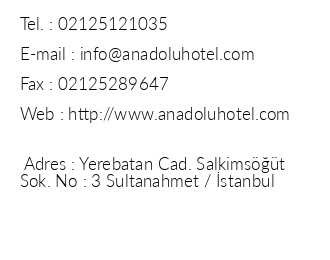 Anadolu Otel iletiim bilgileri